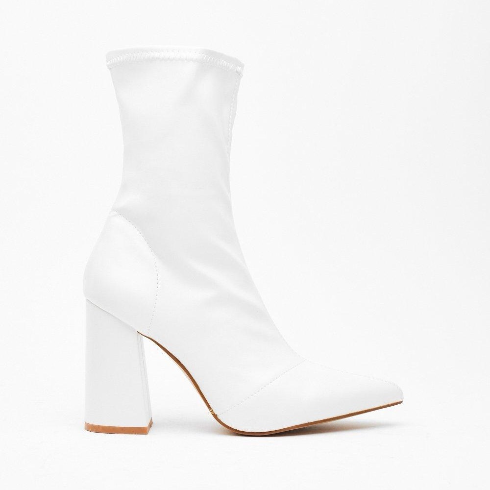 Nasty Gal White faux leather block heel sock boots